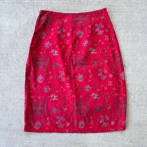 Vintage 24/7 365 Red Asian Floral Pattern Cotton Mini Skirt USA Size XS 26"